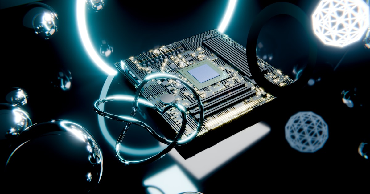 Motherboard surrounded by glowing neon rings and metallic spheres.
